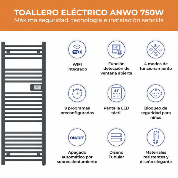 TOALLERO ELÉCTRICO TUBULAR ANWO FL.750G 750W GRIS MATE C/WIFI