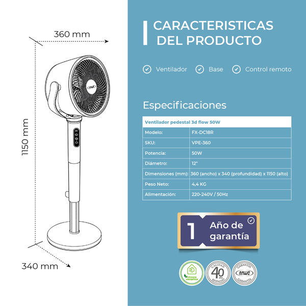 VENTILADOR PEDESTAL DE OSCILACIÓN COMPLETA 360°
