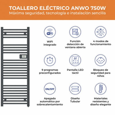 TOALLERO ELÉCTRICO TUBULAR ANWO FL.750G 750W GRIS MATE C/WIFI