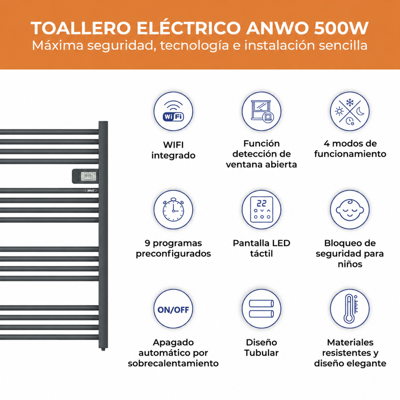 TOALLERO ELÉCTRICO TUBULAR ANWO FL.500G 500W GRIS MATE C/WIFI